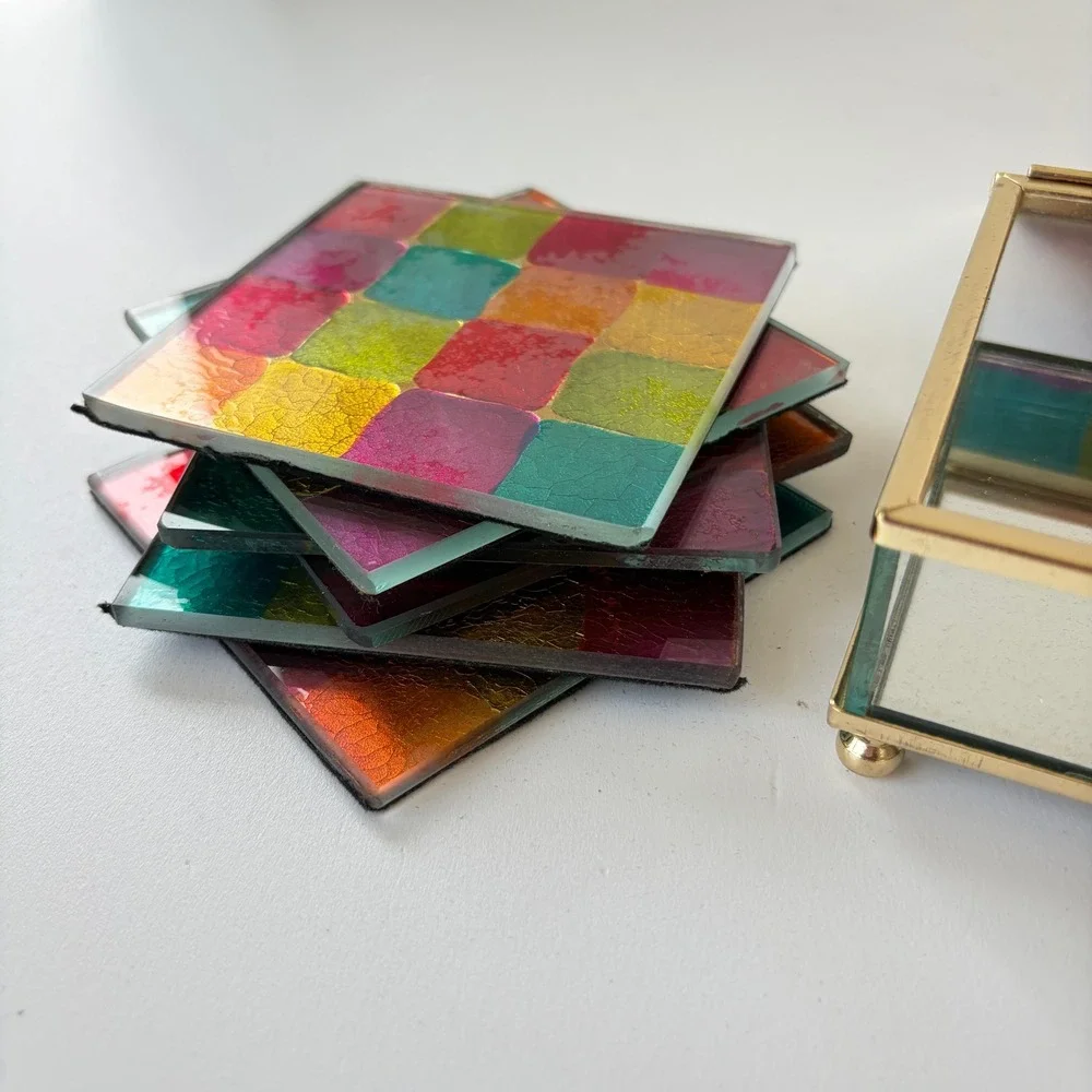 Vintage Glass Coaster Set 6pc Multi Color Patchwork Brass Tone Footed Box MCM